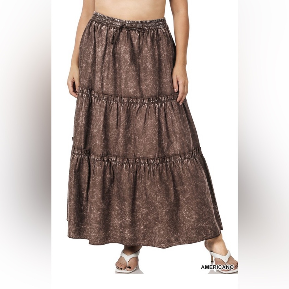 NWT! Plus Zenana Outfitters Vintage Wash Tiered Maxi Skirt Casual Elastic Waist
